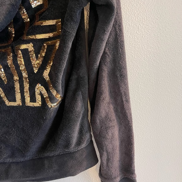 PINK Victoria’s Secret Gold Sequin Bling Black Velour Zip-Up - Picture 4 of 11